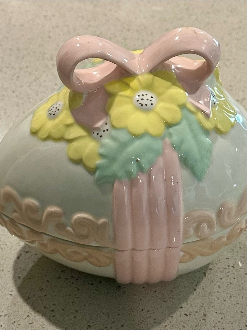 Decorative Ceramic Trinket Box with Pink Bow and Yellow Flowers